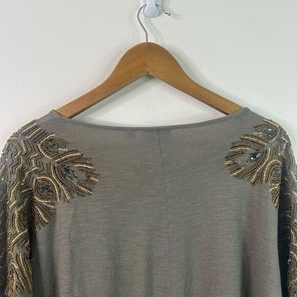 Vanessa Virginia M/L Gray Beaded Batwing Top Boho Embellished Cotton Glam - Picture 9 of 13